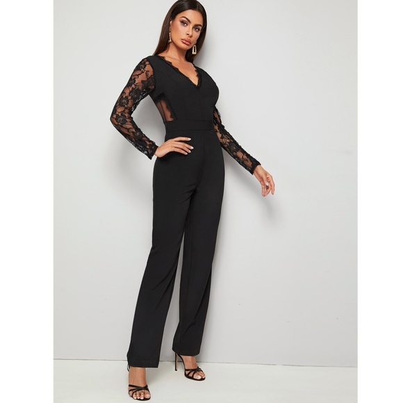Lace Detail Black Elegant V-Neck Jumpsuit - Picture 2 of 13